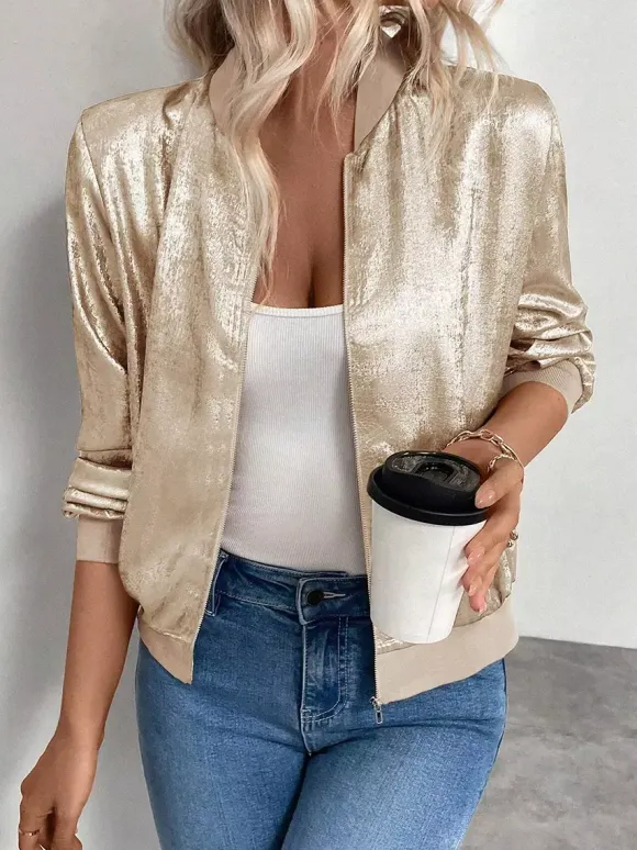 Blouson bomber femme couleur or champagne - Fermeture éclair finitions côtelées coupe ajustée - Vêtements d'extérieur métallisés pour les fêtes de printemps 2026