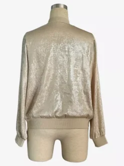 Blouson bomber femme couleur or champagne - Fermeture éclair finitions côtelées coupe ajustée - Vêtements d'extérieur métallisés pour les fêtes de printemps 2026