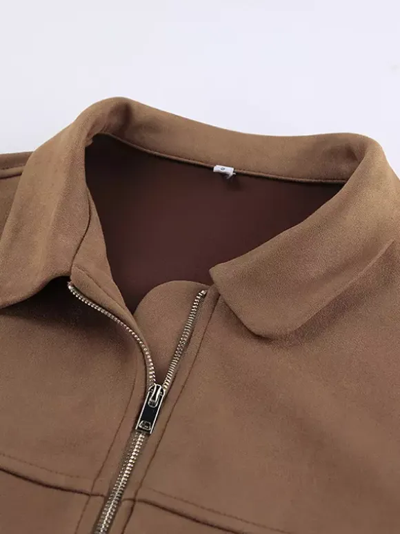 Blouson bomber femme en suédine camel - Fermeture éclair rétro ourlet élastique coupe décontractée - Style streetwear décontracté printemps 2026