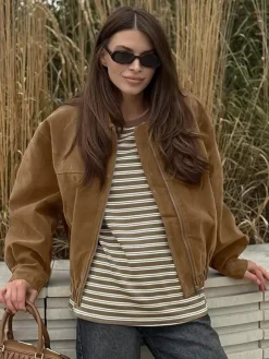 Blouson bomber femme en suédine camel - Fermeture éclair rétro ourlet élastique coupe décontractée - Style streetwear décontracté printemps 2026