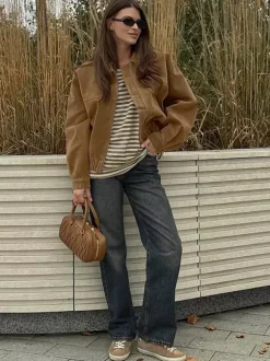 Blouson bomber femme en suédine camel - Fermeture éclair rétro ourlet élastique coupe décontractée - Style streetwear décontracté printemps 2026