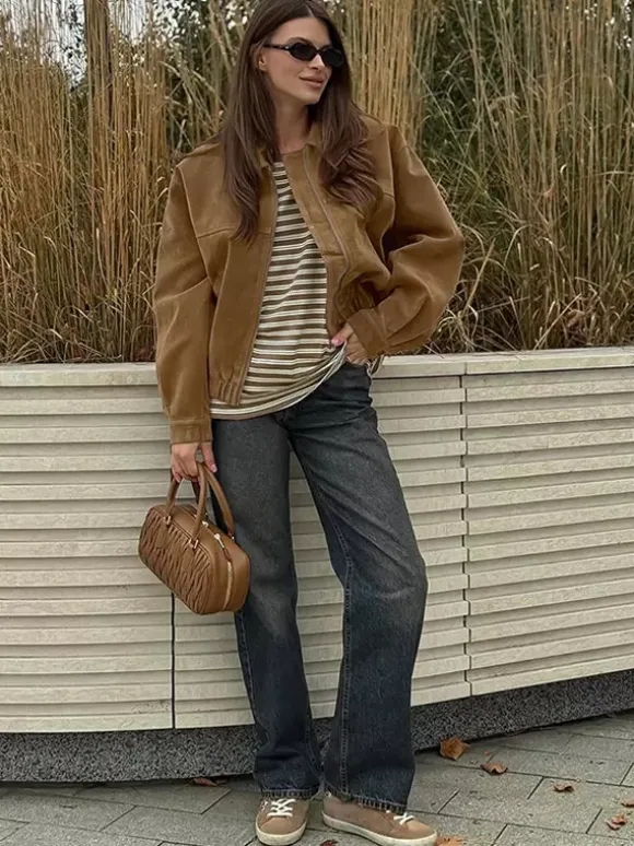 Blouson bomber femme en suédine camel - Fermeture éclair rétro ourlet élastique coupe décontractée - Style streetwear décontracté printemps 2026