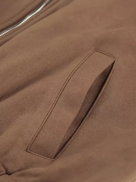 Blouson bomber femme en suédine camel - Fermeture éclair rétro ourlet élastique coupe décontractée - Style streetwear décontracté printemps 2026