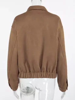 Blouson bomber femme en suédine camel - Fermeture éclair rétro ourlet élastique coupe décontractée - Style streetwear décontracté printemps 2026