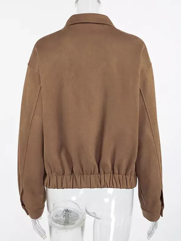 Blouson bomber femme en suédine camel - Fermeture éclair rétro ourlet élastique coupe décontractée - Style streetwear décontracté printemps 2026