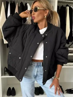 Blouson bomber matelassé noir oversize manteau streetwear rembourré pour femme 2026
