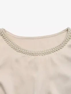 Body à manches courtes et col rond en satin de soie brillant champagne avec bordure en perles
