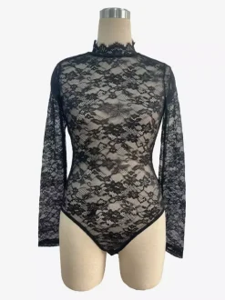 Body en dentelle florale à col montant et manches longues coupe ajustée pour femme 2026