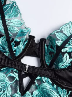 Body en dentelle florale turquoise Teddy avec jarretière armatures et découpes en résille pour femme