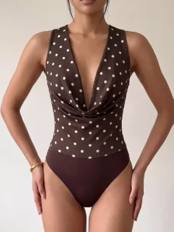 Body sans manches marron foncé à pois et col en V haut sexy en polyester pour femme