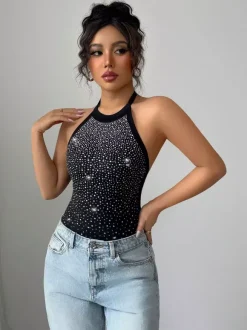 Body sans manches noir dos nu orné de strass haut chic en coton pour femme