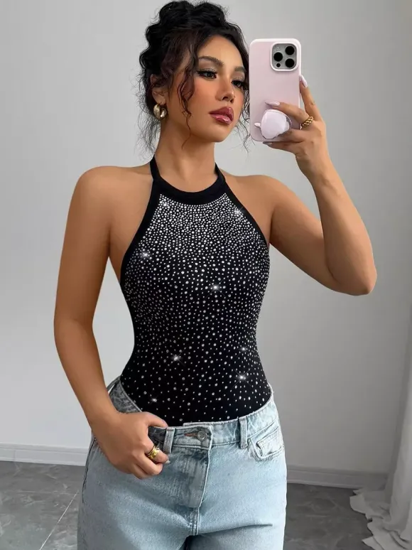 Body sans manches noir dos nu orné de strass haut chic en coton pour femme