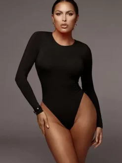 Body Abricot Léger Manches Longues Passepoil Stretch Encolure Crantée Sexy Top En Coton Pour Les Femmes