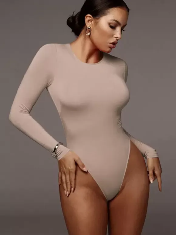 Body Abricot Léger Manches Longues Passepoil Stretch Encolure Crantée Sexy Top En Coton Pour Les Femmes
