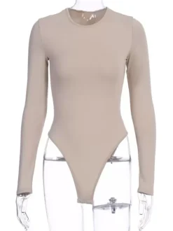 Body Abricot Léger Manches Longues Passepoil Stretch Encolure Crantée Sexy Top En Coton Pour Les Femmes