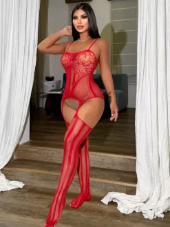 Body en nylon rayé jacquard rouge lingerie sans entrejambe collants et bas.