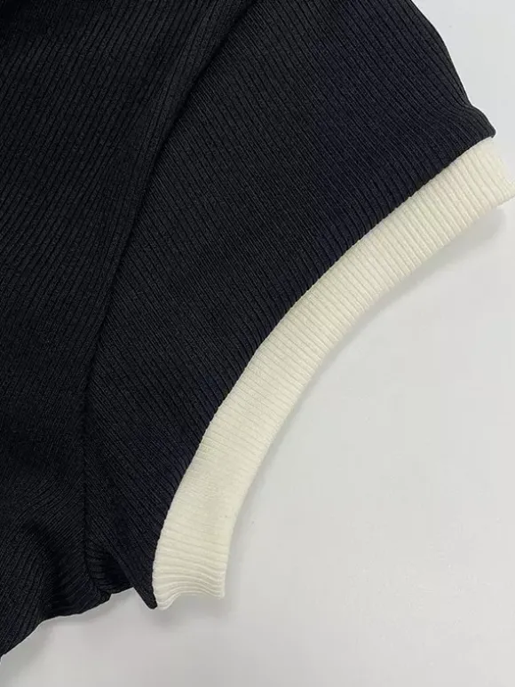 Body à manches courtes noir à col rond et boutons haut de sport pour femme