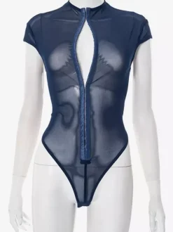Body sans manches bleu à boutons et col montant pour femme