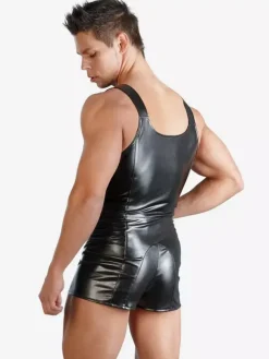 Body short à bretelles en similicuir pour homme fermeture éclair sur le devant style teddy