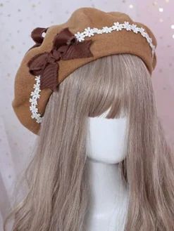 Bonnet Lolita en Laine Floral Doux Béret Lolita Marguerite Déguisements Halloween