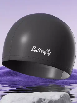 Bonnet de bain imperméable en PU couleur unie avec inscription papillon pour cheveux longs