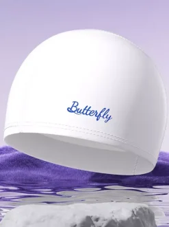 Bonnet de bain imperméable en PU couleur unie avec inscription papillon pour cheveux longs