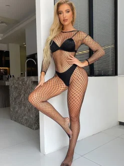 Bonneterie Femme Lingerie Sexy avec Manches Longues à Col Rond Coupe Cintrée Unicolore