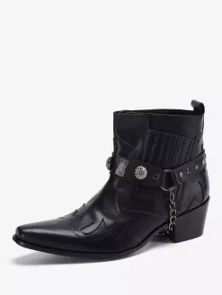 Bottes à bout pointu noires pour hommes talons moyens chaînes décoratives bottines
