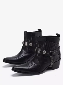 Bottes à bout pointu noires pour hommes talons moyens chaînes décoratives bottines