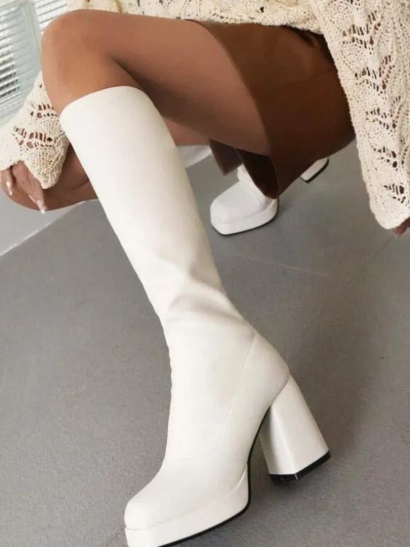 Bottes à Talons Hauts avec Bout Rond en Cuir Synthétique Unicolore