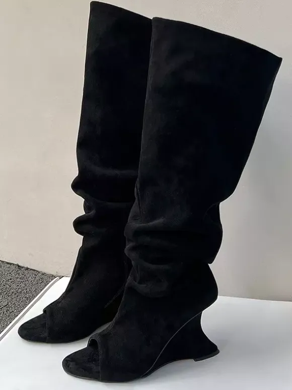 Bottes à talons hauts en daim à bout ouvert cuissardes à talons