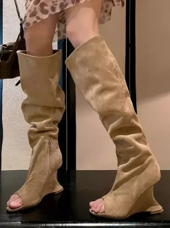 Bottes à talons hauts en daim à bout ouvert cuissardes à talons