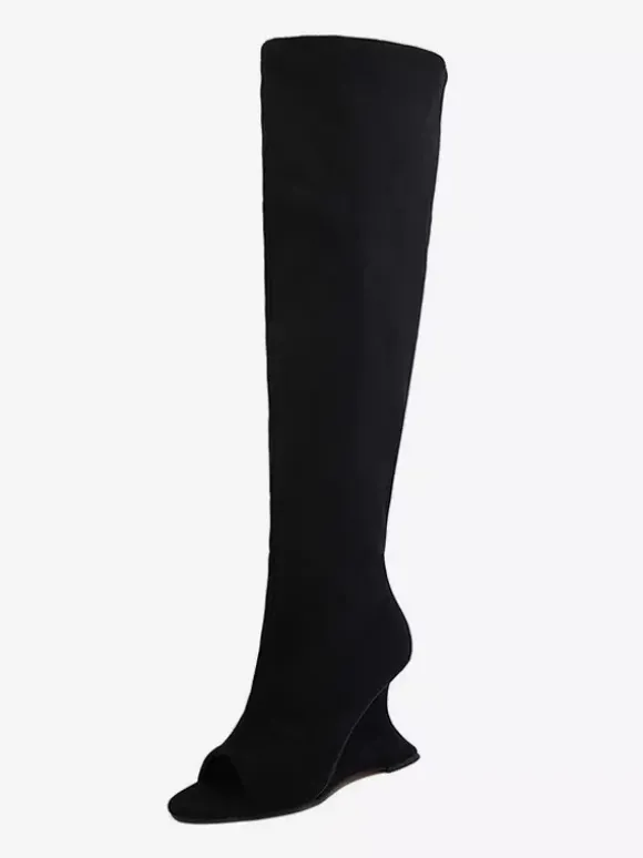 Bottes à talons hauts en daim à bout ouvert cuissardes à talons