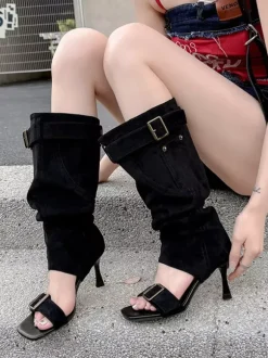 Bottes à talons hauts en daim tongs sandales à détails de boucle
