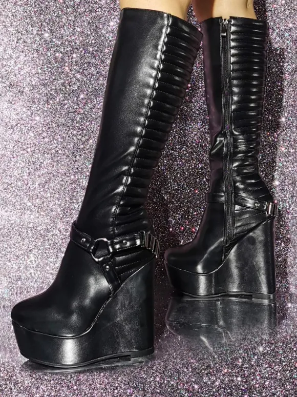 Bottes au genou à talon compensé en cuir PU pour femmes