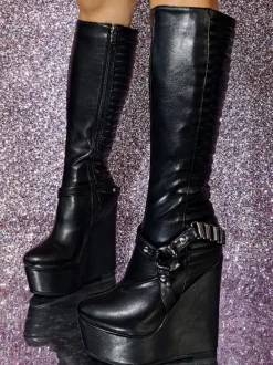 Bottes au genou à talon compensé en cuir PU pour femmes