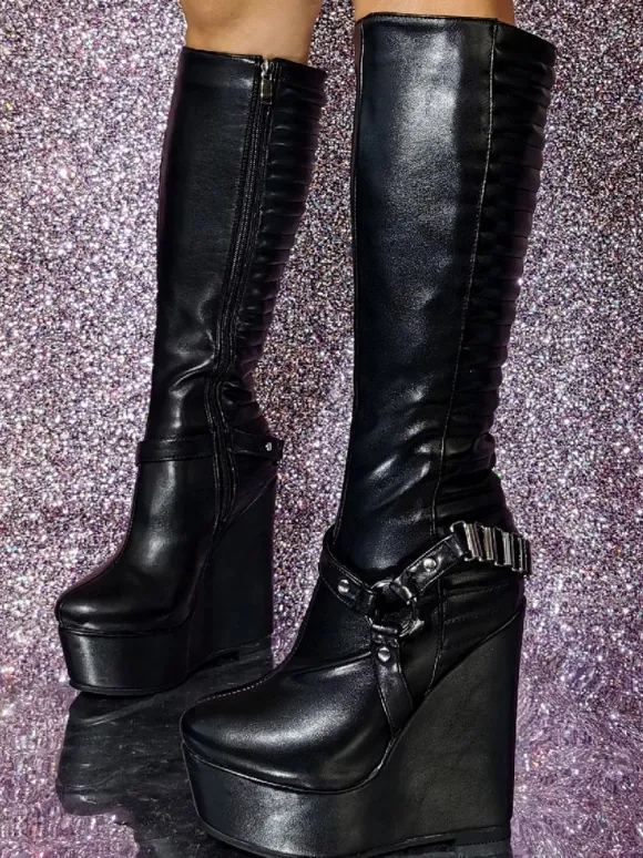 Bottes au genou à talon compensé en cuir PU pour femmes