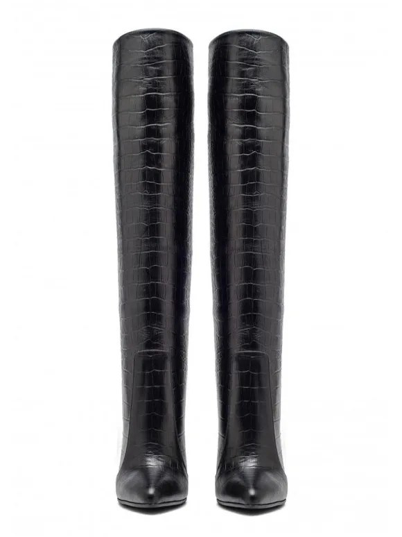 Bottes au Genou à Talons Hauts Femme avec Bout Rond Unicolore