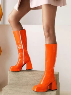 Bottes au Genou à Talons Hauts Femme avec Bout Carré Unicolore