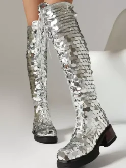 Bottes au genou argentées à plateforme pailletée et à lacets à talon aiguille