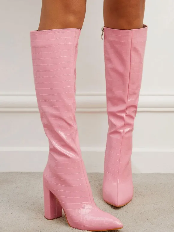 Bottes au Genou Femme en Cuir Synthétique avec Bout Pointu Unicolore