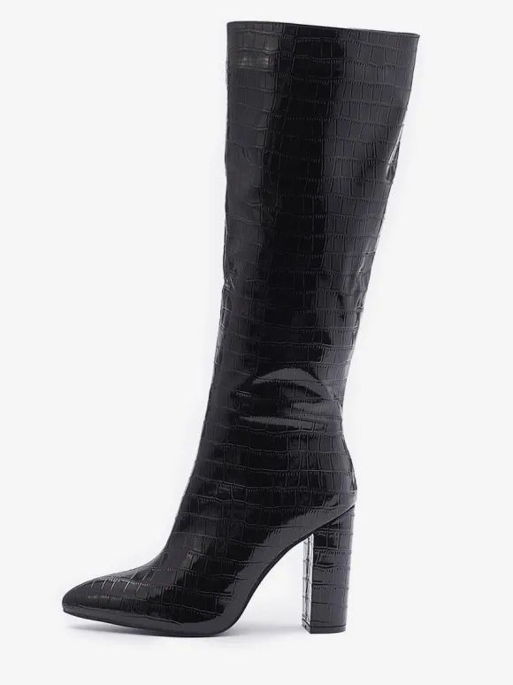 Bottes au Genou Femme en Cuir Synthétique avec Bout Pointu Unicolore
