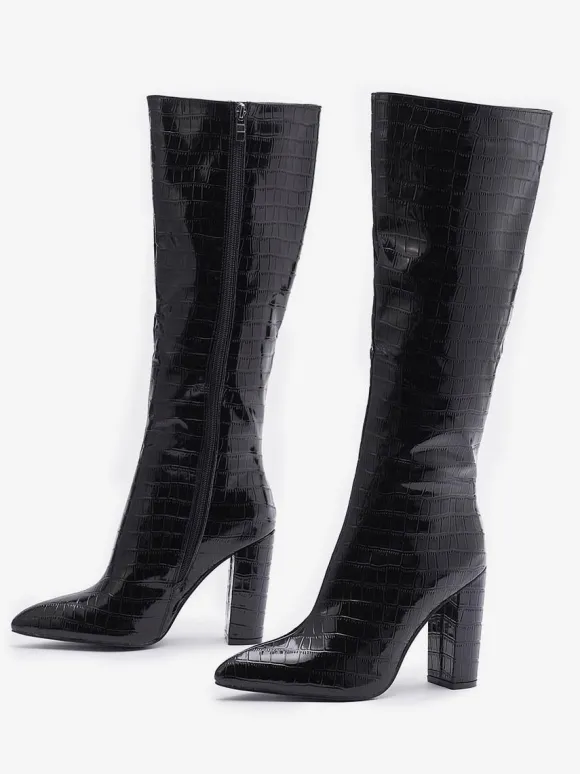 Bottes au Genou Femme en Cuir Synthétique avec Bout Pointu Unicolore