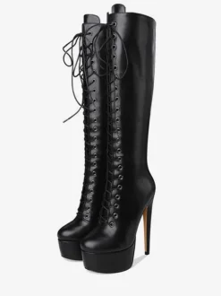 Bottes au genou femmes plateforme bout rond à lacets Bottes à talons