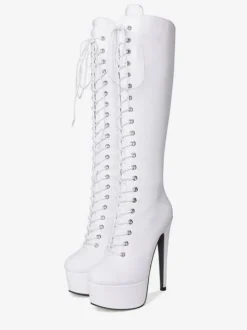 Bottes au genou femmes plateforme bout rond à lacets Bottes à talons