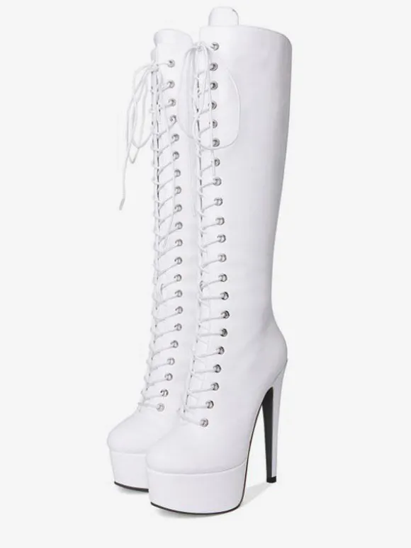 Bottes au genou femmes plateforme bout rond à lacets Bottes à talons