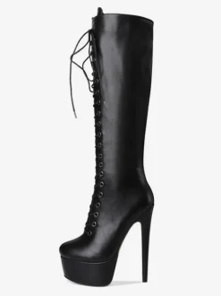 Bottes au genou femmes plateforme bout rond à lacets Bottes à talons