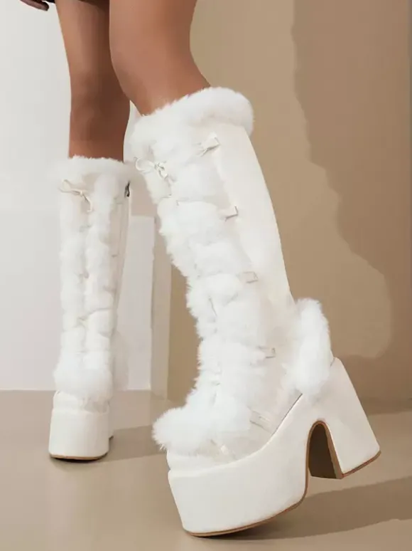 Bottes Au Genou Kaki À Talons Épais Chaussures Compensées Fausse Fourrure Femmes