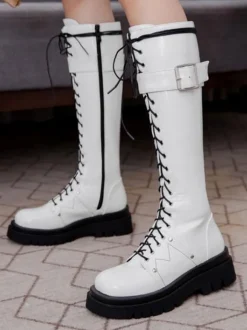 Bottes au Genou Noir Bout Rond Bretelles Réglables Flatforms Quotidien Décontracté Bottes pour Femmes