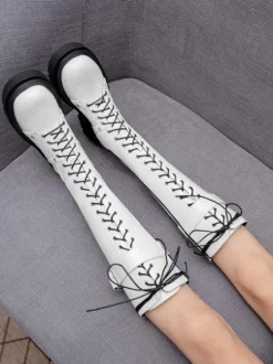Bottes au Genou Noir Bout Rond Bretelles Réglables Flatforms Quotidien Décontracté Bottes pour Femmes